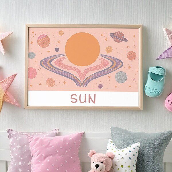 Kids Sun Poster, Space Playroom Decor, Solar System Nursery Prints, Nursery Wall Art, Planet Wall Art, Girls Room Decor, Digital Download