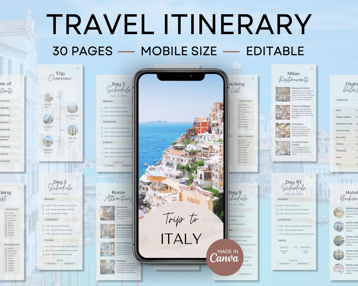 Editable Travel Itinerary Template | Mobile Travel Planner | Trip ...