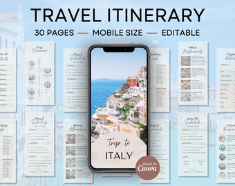 Italy Trip Itinerary Template | Mobile Travel Planner (Canva Editable, 30 Pages)