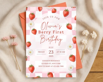 Berry First Birthday Invitation, Strawberry Party, Editable Canva Template