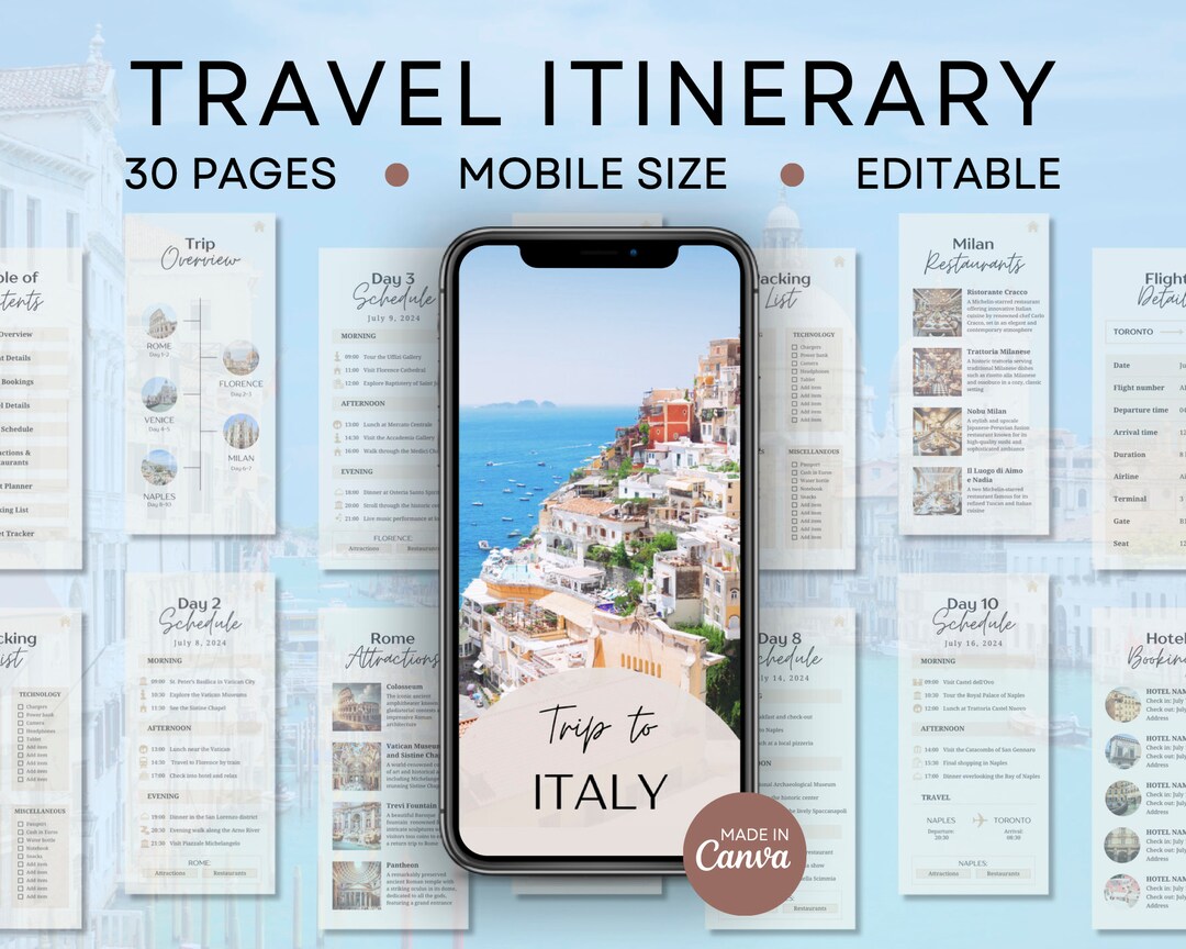 Editable Travel Itinerary Template Mobile Travel Planner Trip Itinerary ...