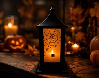 Halloween Lantern | 4 Panel Tealight Candle Holder | Spooky Home Decor | Haunted House Gift