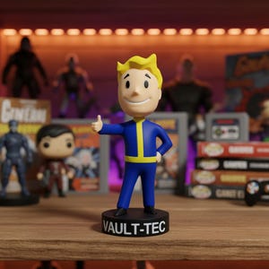 May include: A Vault Boy figurine with yellow hair, wearing a blue and yellow jumpsuit, standing on a black circular base with the text VAULT-TEC printed in white. The character is giving a thumbs-up gesture with the right hand.