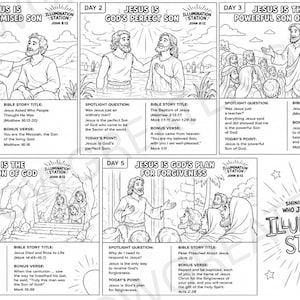 Könnte beinhalten: Schwarz-Weiß-Illustrationen mit biblischen Szenen, darunter Jesus. Texte wie "Jesus ist Gottes verheißener Sohn" und "Illumination Station". Jedes Panel enthält Textfelder und Bibelverse.