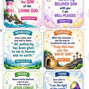 Puede incluir: Tarjetas coloridas de temática religiosa con versículos bíblicos para cada día de la semana. Las tarjetas presentan ilustraciones de un faro, una paloma, un paisaje, una tumba y una linterna. Cada tarjeta tiene un versículo diferente.