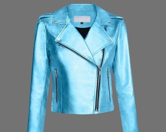 Blouson en cuir métallisé pour femme, Blouson de moto en cuir bleu, Veste tendance légère pour vêtement d'extérieur 2024, Meilleur cadeau pour elle, Cadeau pour femme