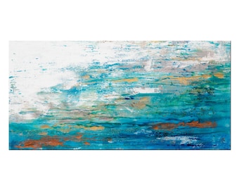 Saltwater 6 - Original Abstract Seascape Painting: Blue Teal Copper Art (24x48 Inches)
