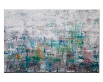 North Harbor 6 - Original Abstract Painting: White, Teal, Gold, and Coral - 24x36 Canvas Art