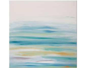 Sunset 67 – 20x20 Inches Abstract Acrylic Painting | Teal Blue Gold Silver Wall Art, Modern Coastal Metallic Canvas