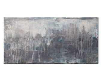 Lithosphere 196 - Original Abstract Painting: Gray, White, and Blue Acrylic on Canvas (24x48 Inches)