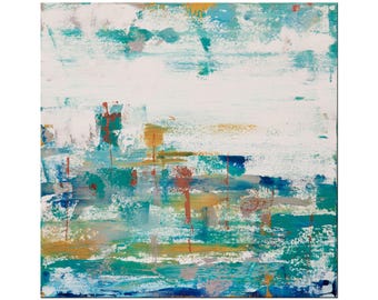 Abstract Acrylic Painting: Teal, Blue, Gold on Canvas (20x20 Inches)