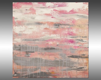 Lithosphere 178 – 20x20 Inch Abstract Acrylic Painting | Pink Gray Silver Metallic Wall Art, Modern Contemporary Canvas