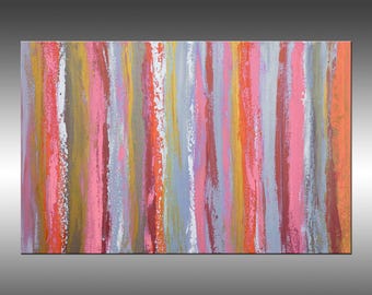 Pink & Metal 2 - Original Abstract Painting: Pink, Orange, Metallic Silver on Canvas (20x30 Inch)