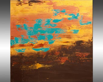Modern Industrial 41 – 30x30 Inch Abstract Acrylic Painting | Teal Gold Abstract Copper Wall Art, Modern Metallic Contemporary Canvas