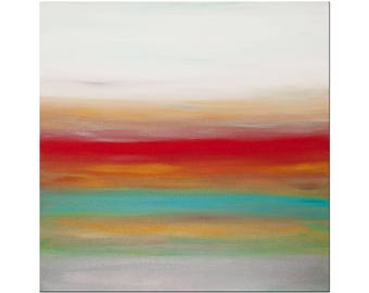 Peaceful Art - Sunset 69 – 20x20 Inches Abstract Acrylic Painting | Teal Red Gold Silver Wall Art, Modern Metallic Contemporary Canvas