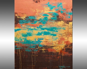 Lithosphere 184 – Large Abstract Acrylic Painting | Modern Colorful Wall Art in Teal Gold Copper, Contemporary Fine Art on Canvas