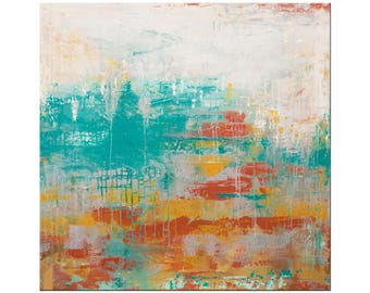Teal Gold Art, Abstract Painting: Textured Canvas Art (30x30 Inches) - Into the Horizon