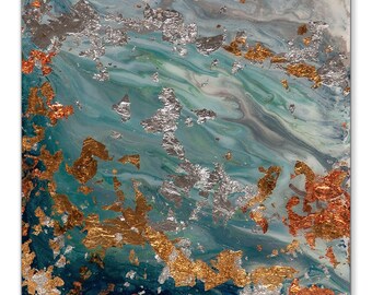 Microcosm 20x15cm Mini Abstrakte Malerei, Blaugrün Blau Gold Kupfer Moderne Kunst, Birkenholzpanel