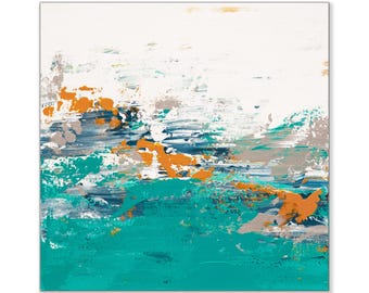 Könnte beinhalten: Quadratischer Kunstdruck mit abstrakter Kunst. Das Kunstwerk zeigt einen weißen Hintergrund mit Schichten aus türkisen, orangefarbenen, grauen und marineblauen Pinselstrichen. Die Farben sind vermischt, um eine strukturierte, moderne Ästhetik zu erzeugen.