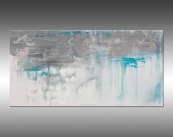 Original Abstract Painting: Gray, Blue, and Teal Canvas Wall Art (15x30)
