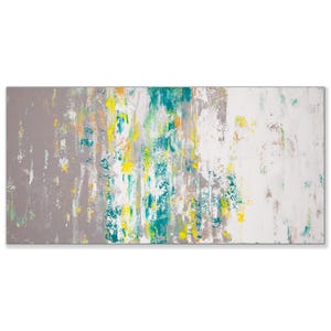 May include: Abstract art painting with a textured surface. The artwork features a blend of colors, including gray, white, teal, and yellow. The composition is divided into sections with varying color intensity and brushstroke patterns.