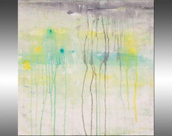 Abstract Canvas Painting: White, Gray, Yellow, Teal - 20x20 Original Art