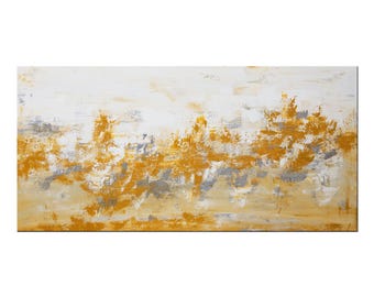 Original Abstract Painting: Golden Yellow, Silver, and Gray Acrylic on Canvas (24x48 Inches)