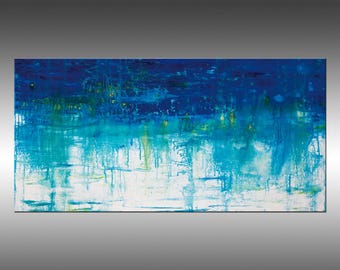 Original Abstract Painting: Blue, Teal, and Yellow Acrylic on Canvas (24x48 Inches)