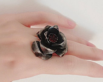 Black Rose Ring Large Oxidized Silver Ring