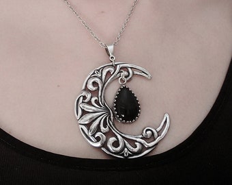 Black Onyx Necklace, Silver Celtic moon Witchy jewelry, Celestial Jewelry