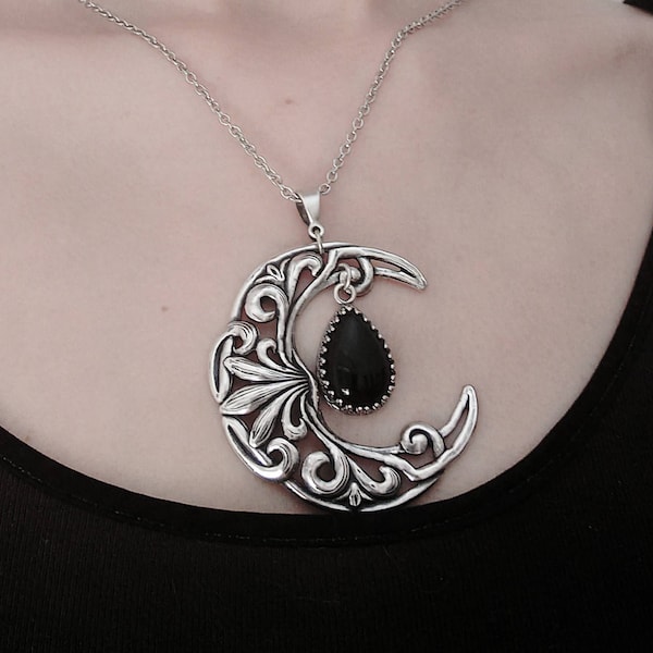 Black Onyx Necklace, Silver Celtic moon Witchy jewelry, Celestial Jewelry