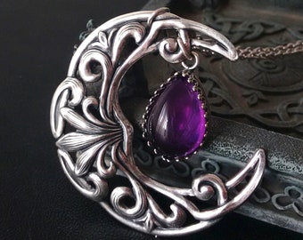 Large Amethyst Necklace Silver, Witchy Jewelry, Celtic crescent Celestial jewelry Wiccan Jewelry