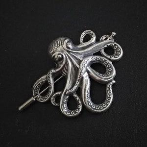 Octopus Brooch, Shawl Pin, Kraken Scarf Pin Hair Pin Silver, octopus pin, Sweater Cardigan, steampunk jewelry image 4