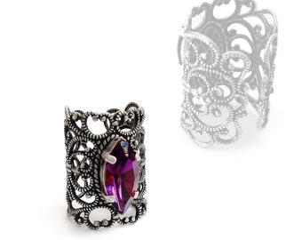 Purple Gothic Midi Ring, Swarovski Crystal Knuckle Ring, Silver Filigree Victorian Ring