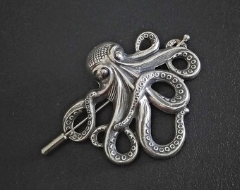 Octopus Brooch, Shawl Pin, Kraken Scarf Pin Hair Pin Silver, octopus pin, Sweater Cardigan, steampunk jewelry