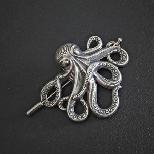 Octopus Brooch, Shawl Pin, Kraken Scarf Pin Hair Pin Silver, octopus pin, Sweater Cardigan, steampunk jewelry image 1