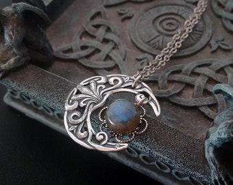 Labradorite Necklace, Silver Crescent moon Necklace, Wiccan Necklace, witchy clothing