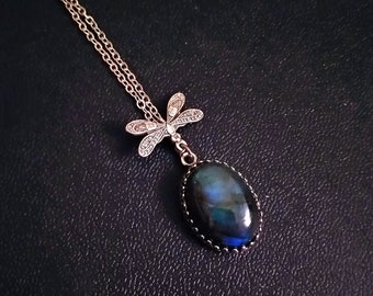 Blue Labradorite Necklace, Gothic Jewelry, Silver Dragonfly Jewelry