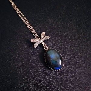 Blue Labradorite Necklace, Gothic Jewelry, Silver Dragonfly Jewelry image 1