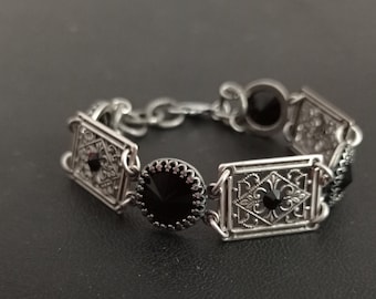 Bracelet Swarovski noir pour femme Bracelet gothique en argent antique Bijoux gothique // Mode sombre alternative