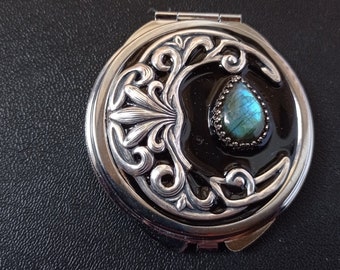 Silver Celtic crescent moon pocket mirror Labradorite Accessories Gothic gifts for her