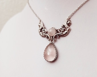 Angels Rose Quartz Necklace, Silver Necklace, Pink Victorian Necklace, Goddess Jewelry