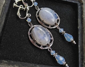 Rainbow Moonstone Earrings, White Opal crystal earrings, Silver Earrings, Victorian Dangle drop Earrings, Gothic Bridal Jewelry