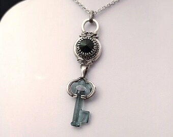 Crystal Key Necklace, One of a kind silver necklace, silver key pendant gray black