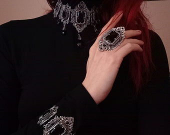 Gothic Wedding Jewelry Set, Gothic Choker Necklace, Victorian Black Earrings Bracelet