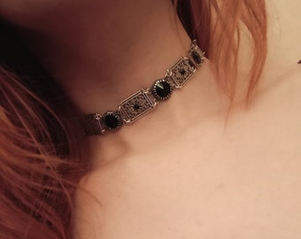 Zwarte choker en armband set, dames antieke zilveren gotische choker ketting gotische sieraden//alternatieve donkere academische mode