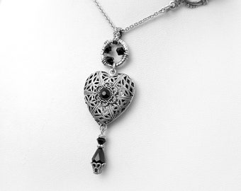 Black crystal Heart Locket Necklace Silver Dark academia Victorian Jewelry