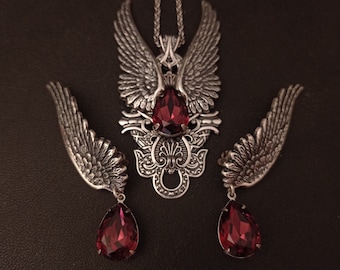 Pendant and Earrings set Burgundy Silver Wings Gothic Necklace Women Gothic Jewelry, Vampire Jewelry