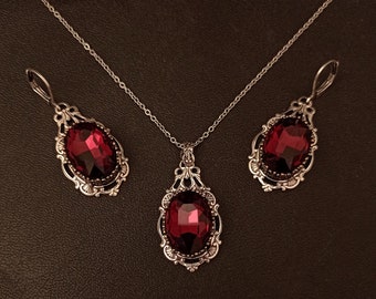 Burgundy set Necklace and earrings, Dark Red crystal Gothic Jewelry, Silver Filigree pendant