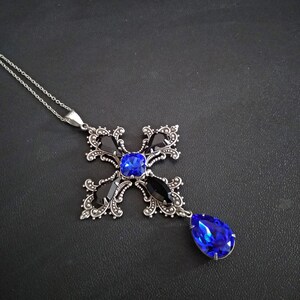 Blue Cross Pendant, Large Gothic cross necklace, Blue and Black crystal, Gothic jewelry 画像 2